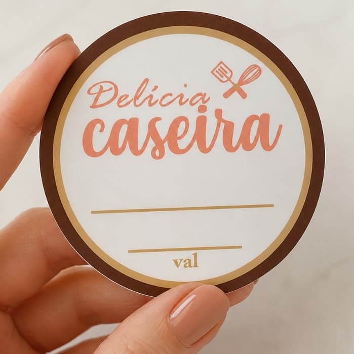 Etiqueta Adesiva Delícia Caseira 4x4cm| Adesivo Para Doces, Bolo no Pote, Confeitaria e Embalagens