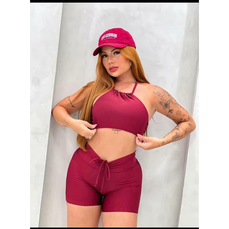 Conjunto Top Frente Única e Short CORDINHA com Leve Empina Bumbum Costa Nua Moda Gringa Tiktok