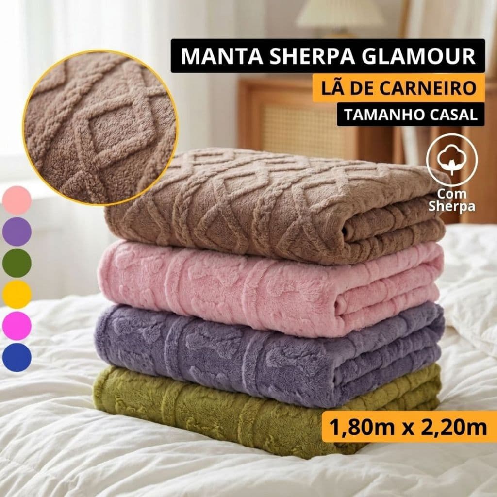 Cobertor Manta Casal Sherpa Glamour 2 1,80x2,20m Soft Lã de Carneiro