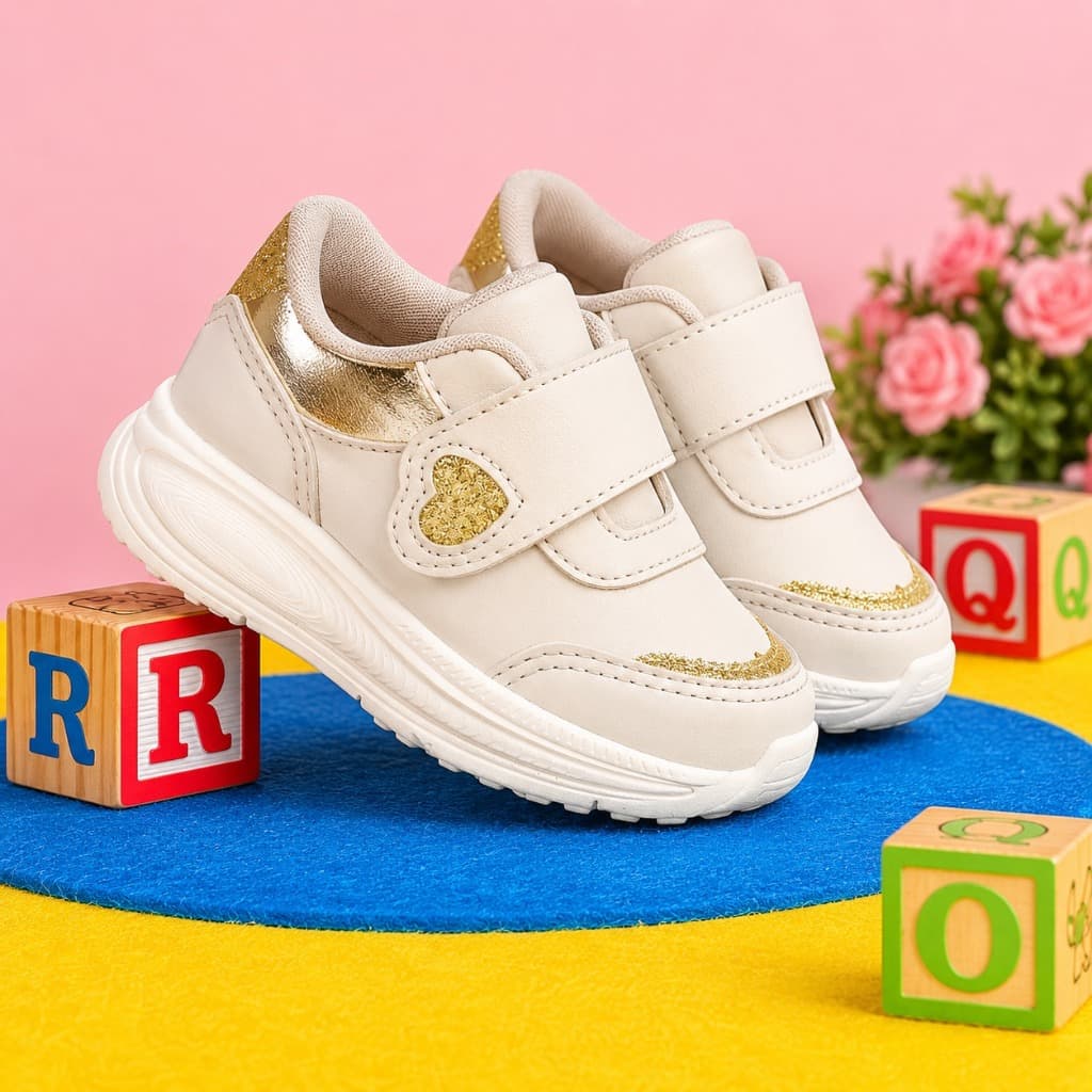 Tênis Infantil Feminino Velcro Coração Glitter Confortável Casual