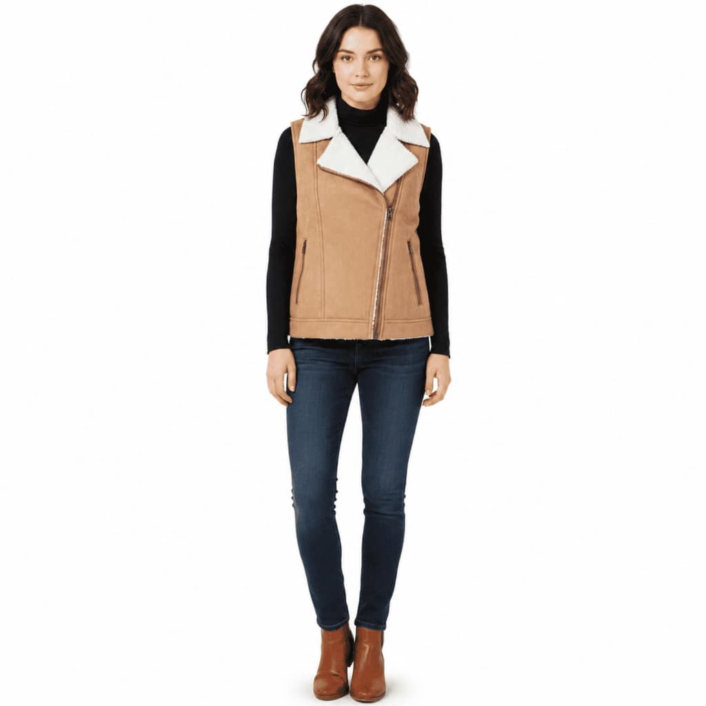 Colete Feminino Forrado Sherpa Valentina Modas Bege Camel Peluciado Inverno Premium P