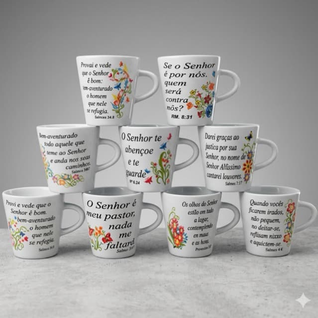 Kit Caneca Salmo Bíblia 120ml Porcelana Xicara Chá Café Presente Evangélico Frases Bíblicas Fé