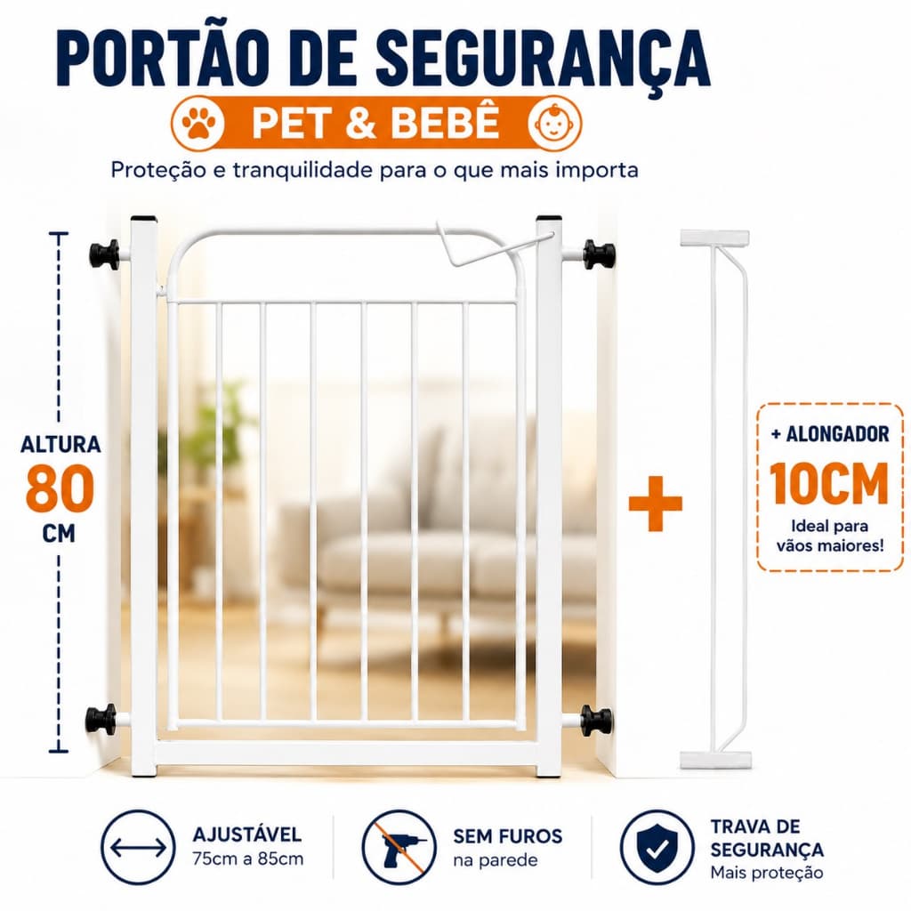 Portão Segurança Pet e Bebê Grade Proteção 80cm Sem Furos Ajustável + Alongador 10cm