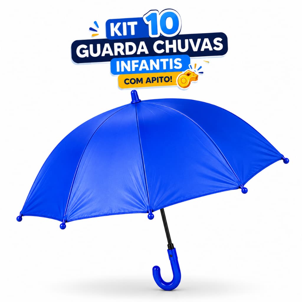 Kit com 10 Guarda-Chuvas Infantis com Apito –  Reforçado, Colorido e Resistente