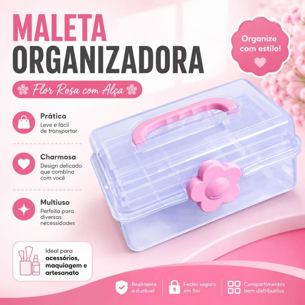 Maleta Organizadora Caixa Com Alça E Flor Rosa Plástica com Divisórias Multiuso