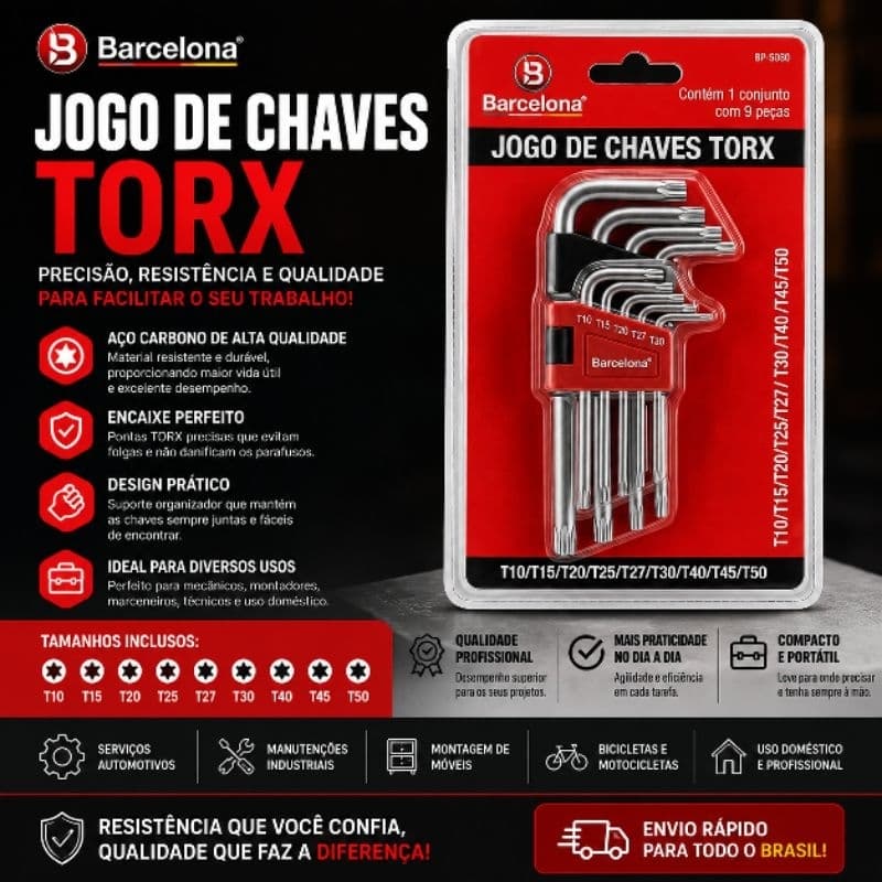 Jogo de Chaves Torx 9 Peças Barcelona T10 a T50 Aço Resistente Profissional