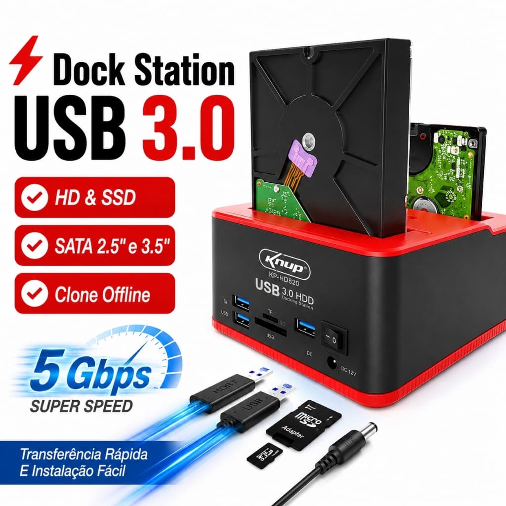 Case Dock Station USB 3.0 Para HD SSD SATA 2.5 3.5 Alta Velocidade Knup
