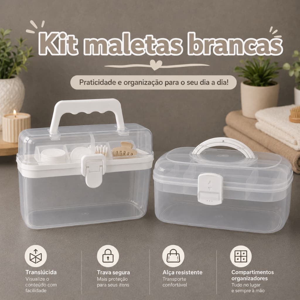 Kit Maletas Caixa Organizadora Transparente Branca Com Alça e Trava