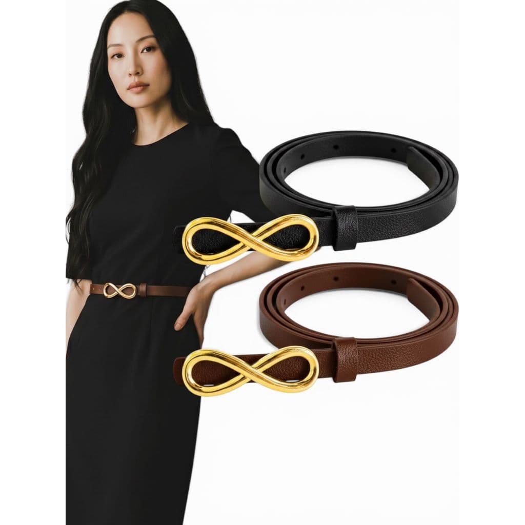 Kit2 Cinto Feminino Resistente Da Moda Fino 1,5cm Fivela Infinito Couro Sintético - Maitê