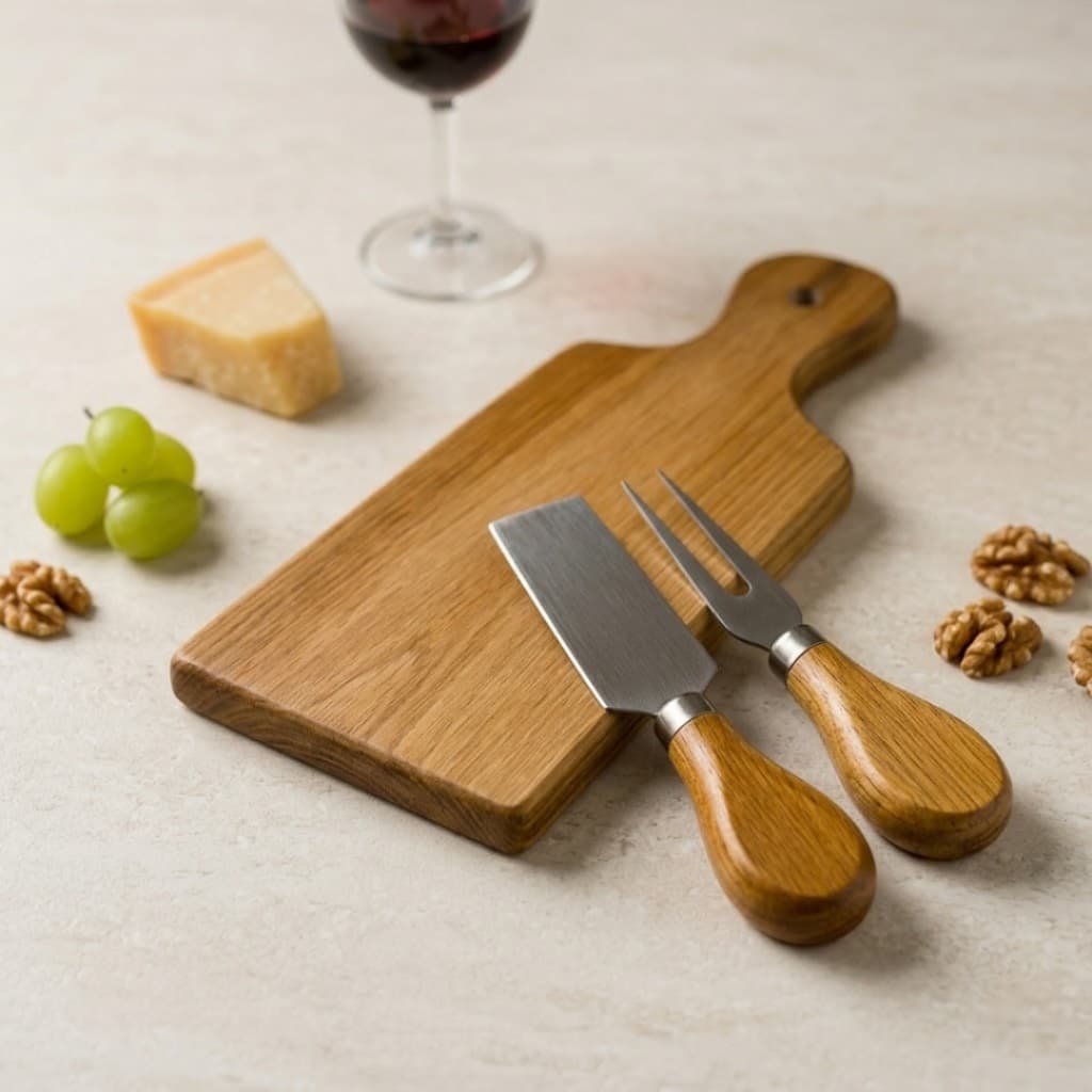 Kit Para Queijo Gourmet 3 Peças com Tábua De Madeira com Pegador Talheres Garfo e Faca Inox