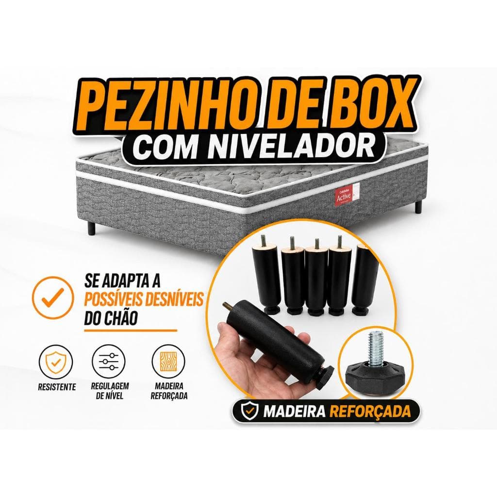 Pés para Cama Box COM NIVELADOR, 6 Unidades Pezinho Madeira Maciça Com 12cm Casal ou Solteiro Preto