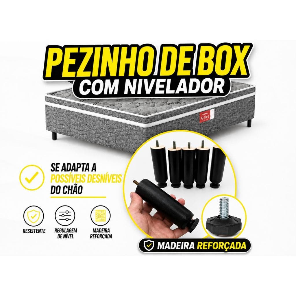 Pés para Cama Box com nivelador, 7 Unid Pezinho Madeira Maciça Com 12cm Casal ou Solteiro  Cor Preto