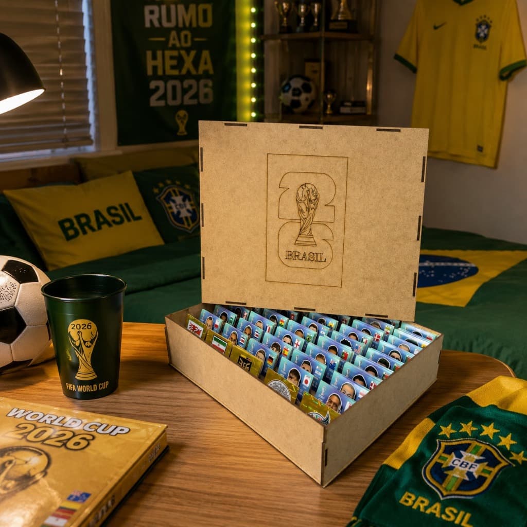 Caixa Organizador Pasta Guardar Figurinhas Albo Álbum Copa Mundo 2026 Mundial Futebol Porta Maleta Estojo Case Madeira