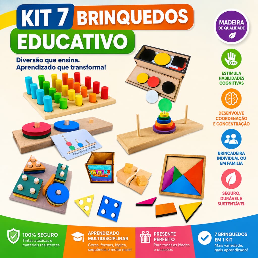 Kit 7 Brinquedos Pedagógicos Autismo TEA Madeira Educativo Sensorial Estimulação