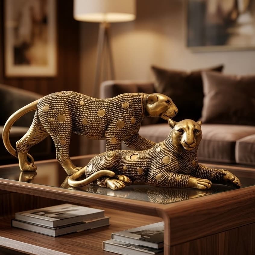 Pantera estilizada grande casal de leopardo decoração eleganta  tem 36cm feito no brasil
