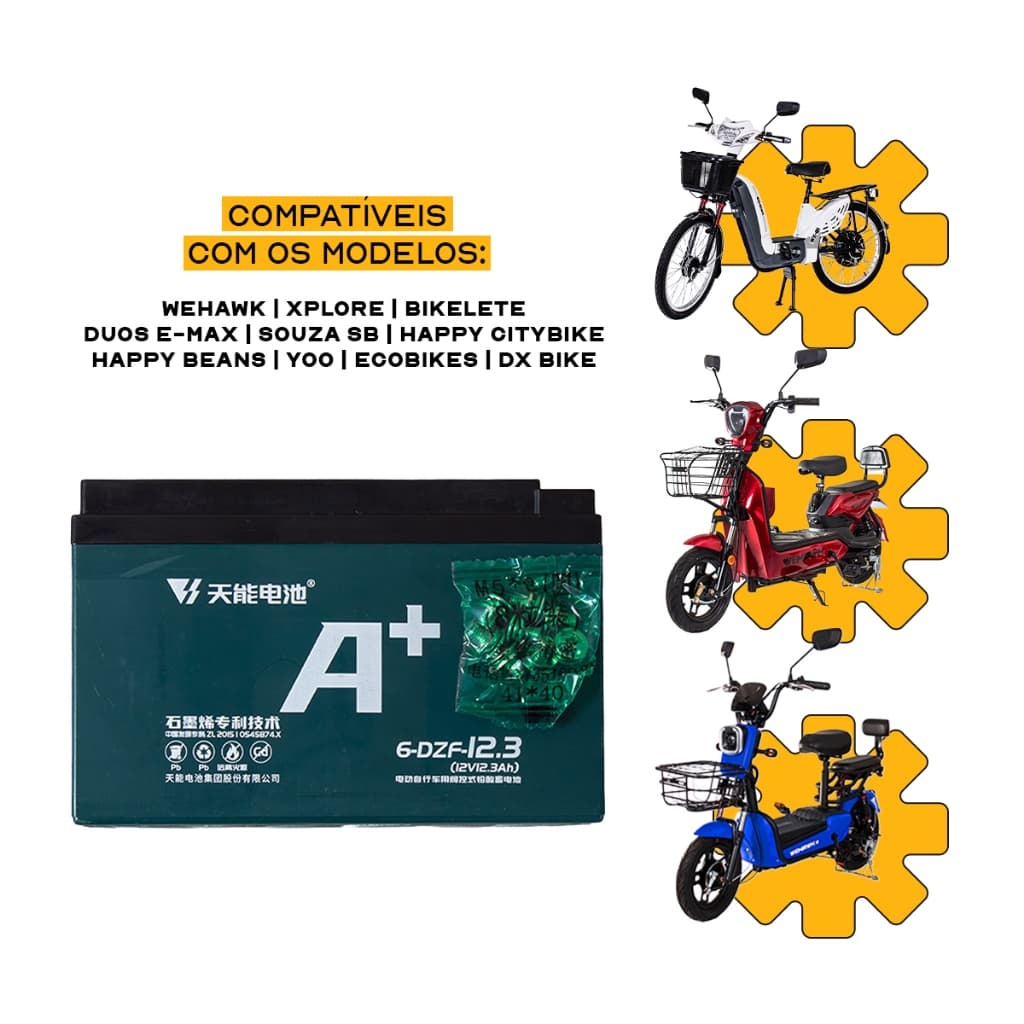 Bateria de Ciclo Profundo Chumbo 12V 12Ah A+ pra Scooter Bike Elétrica Wehawk Sousa Veloster Duos
