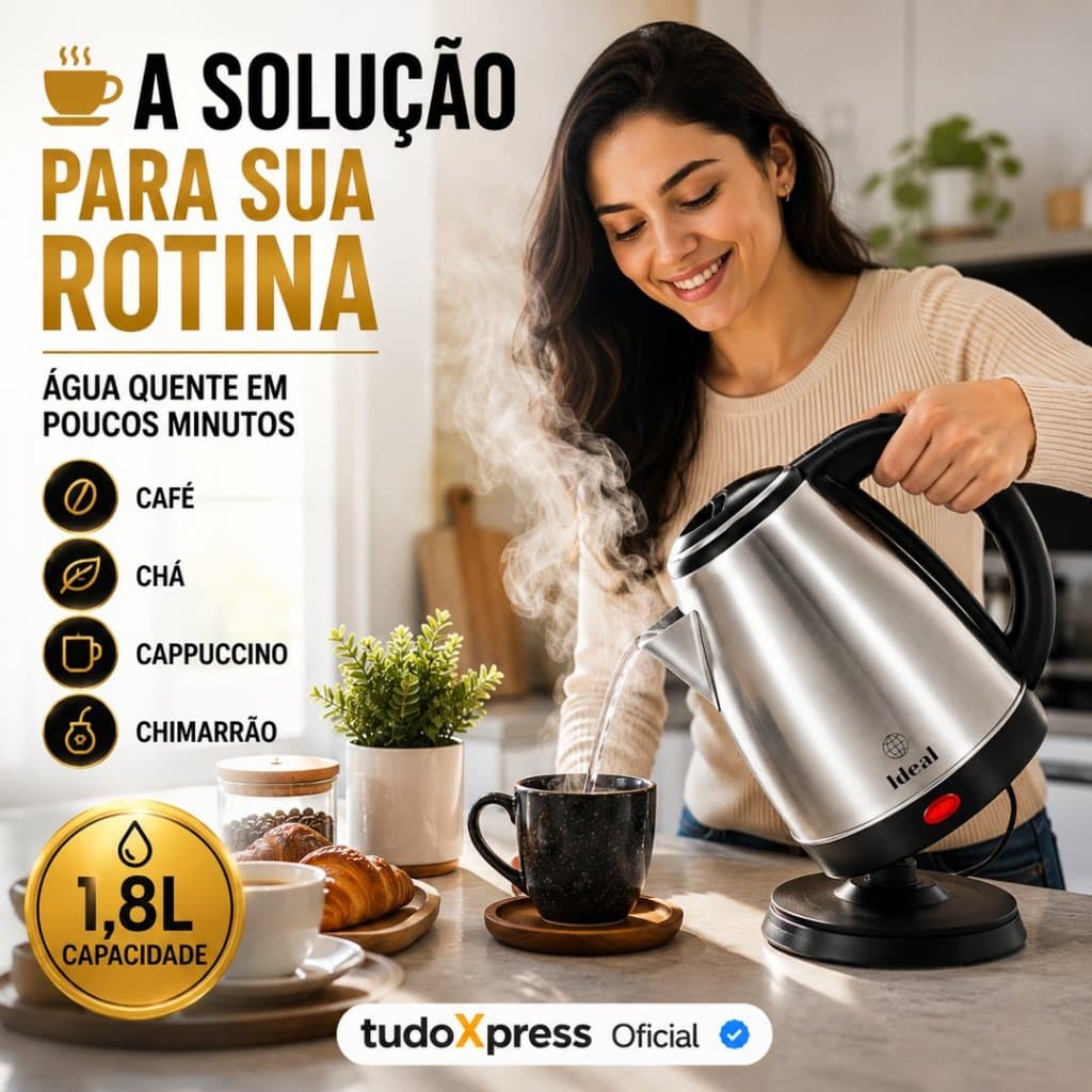 🏆 Ferve Água Rápido Chaleira Elétrica Inox 1,8L 1500W Café Chá 220V