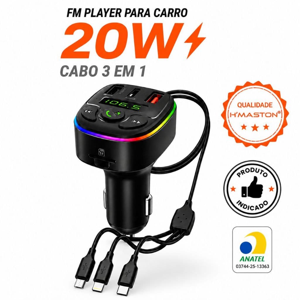 Carregador e Transmissor Bluetooth Veicular 20W USB-C 3 em 1  com Rádio FM e Viva-Voz