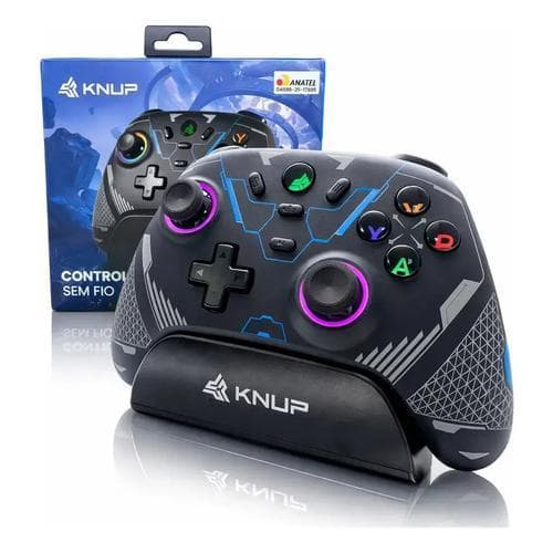 Controle Sem Fio Joystick Pc Android Switch Turbo Gamepad Preto com Vibração e Trimode com base de carregamento RGB LED