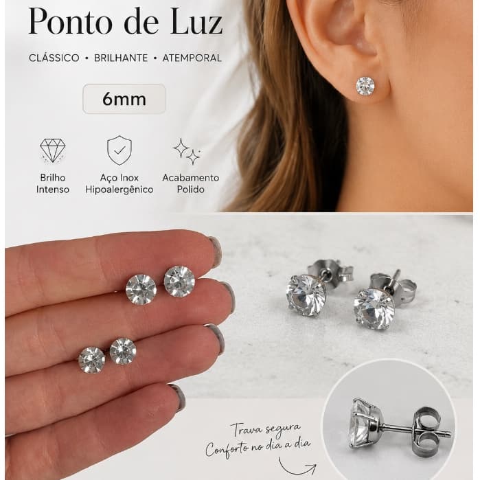 Brinco Ponto de Luz Aço Inox Pedra Zircônia Feminino Masculino