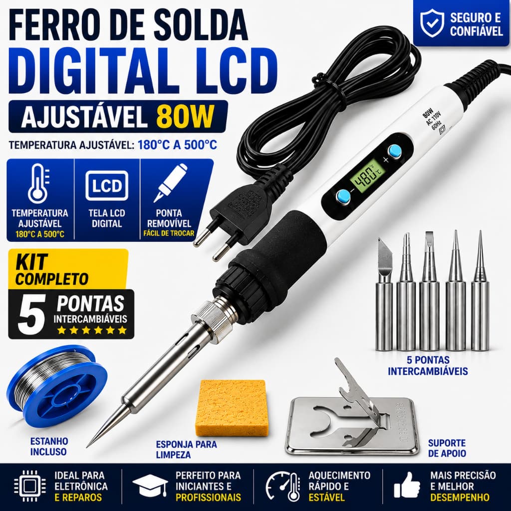 Ferro De Solda Digital LCD 80W Kit Completo 5 Pontas Temperatura Ajustável Soldagem Eletrônica