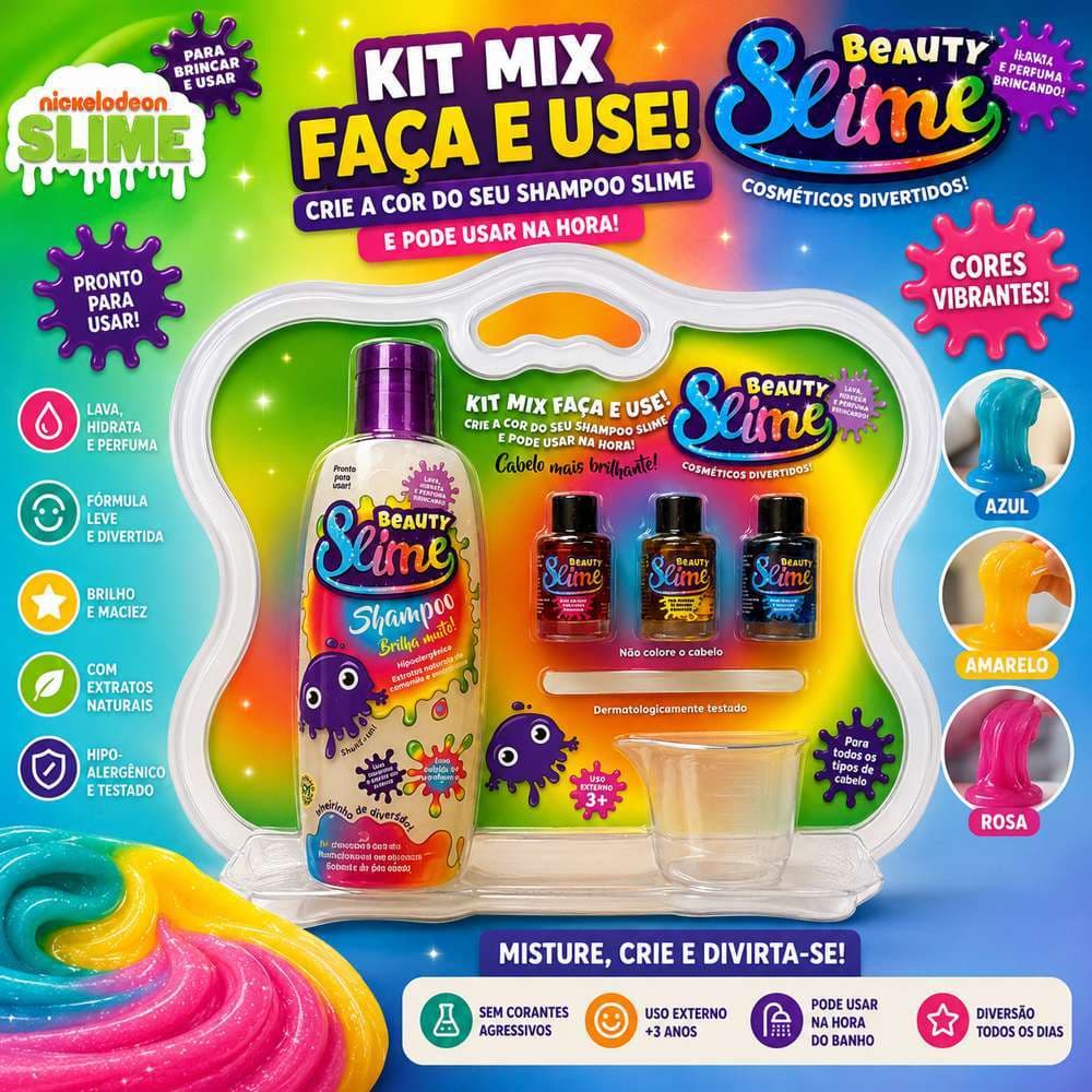 Kit Shampoo Beauty Slime Mix Faça E Use Colorido 200ml Nickelodeon