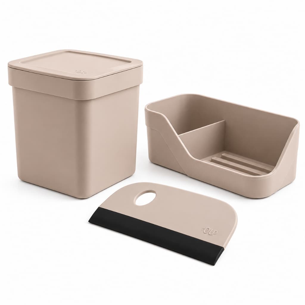 Kit Cozinha Pia Ou Trium 3 peças Organizador Lixeira e Rodo Bege