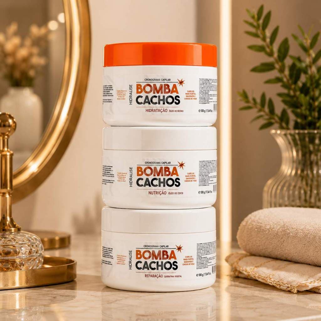 Kit Cronograma Capilar Bomba Cachos 3x300g Hidratação Nutrição Reparação Anti Frizz
