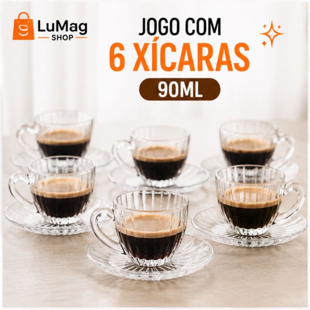 Jogo 6 Xícaras De Cristal Siena 90ml Com Pires Café Expresso Transparente Luxo