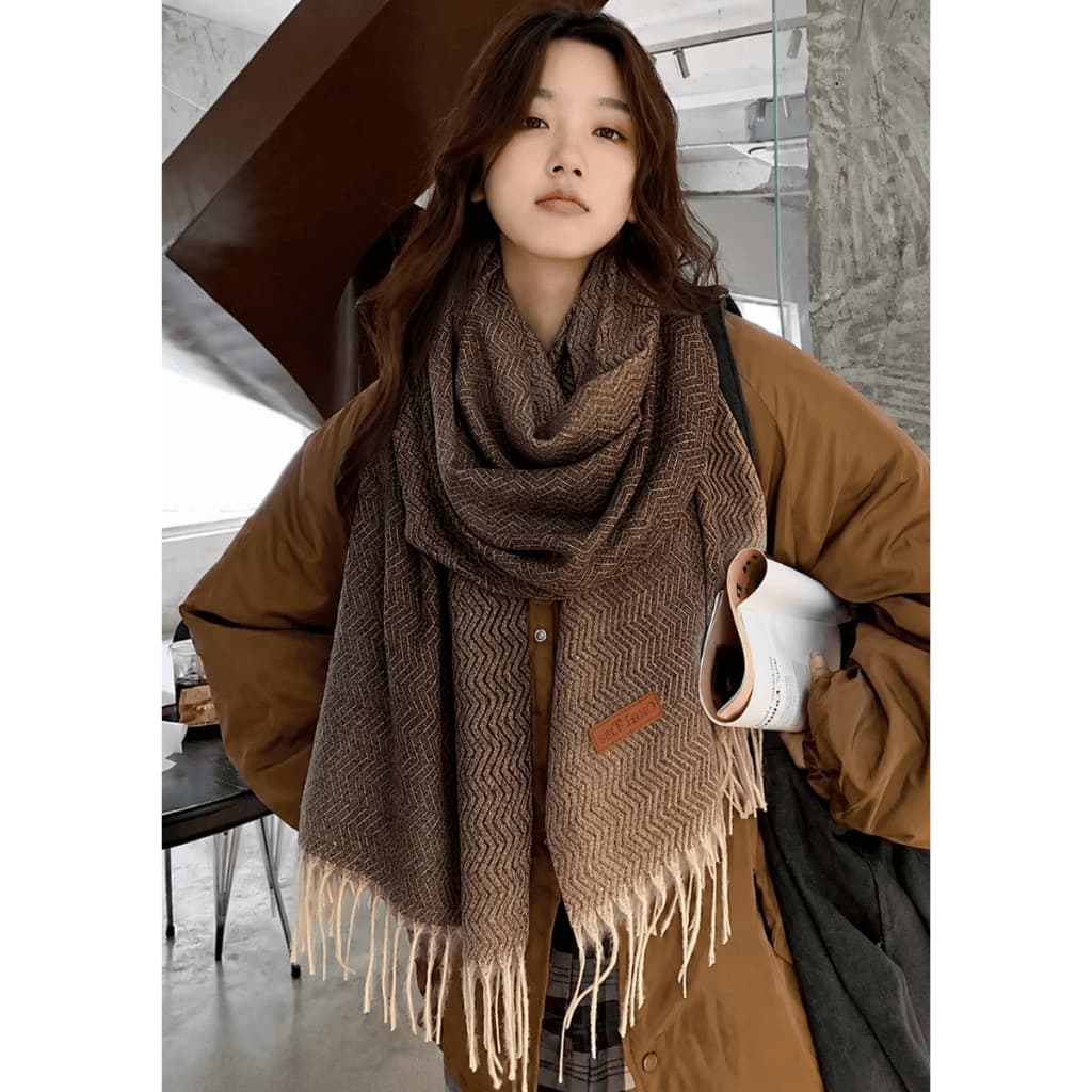 Cachecol Listras Feminino Marrom Lenço Grosso Pashmina Echarpe Masculino Unissex Para Frio Inverno Adulto C5