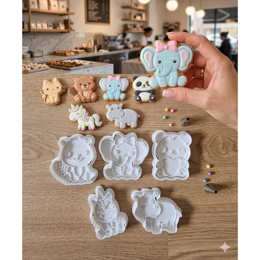 Cortador de Biscoito Animais 3D com Marcador | Urso Gatinho Elefante Panda Unicórnio Hipopótamo | Confeitaria