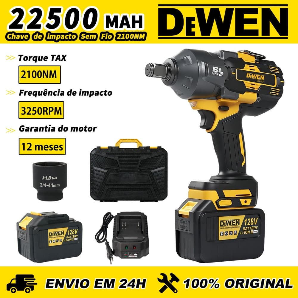 Chave de Impacto Sem Escova 2100Nm 128V 41mm Maleta e 1 Bateriar Elétrica 3 em 1 Multifuncional