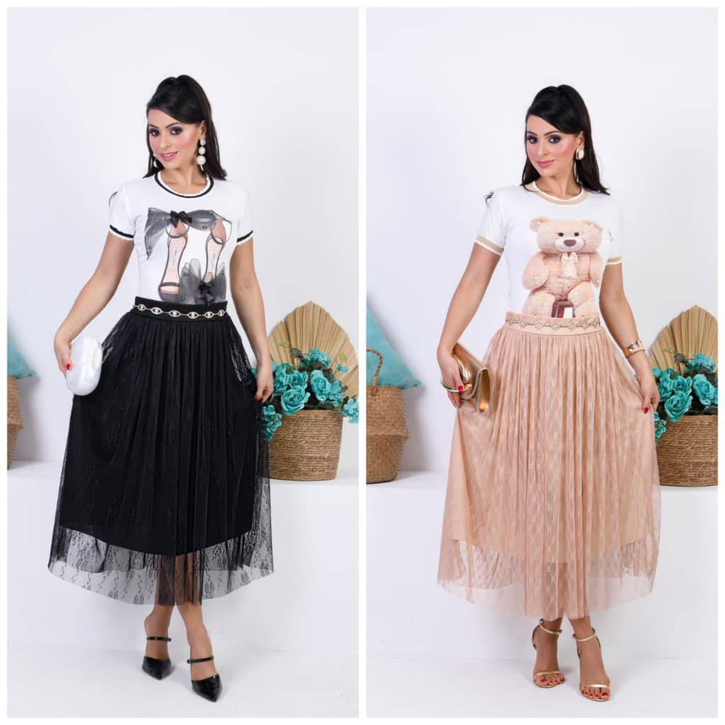 Saia Tule Estampado Floral Midi Moda Evangélica Feminina Elegante Delicada Linda Para Congressos, Cultos e Eventos