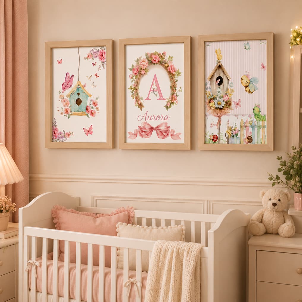 Quadro Decorativo 3 Peças Infantil Personalizado Menina Quarto Bebê Jardim Encantado Floral Flores