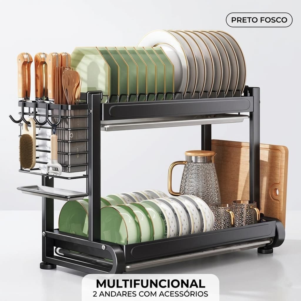 Escorredor e Organizador de Bancada Duplo Multiuso Preto Fosco Titanium Black com Envio Imediato