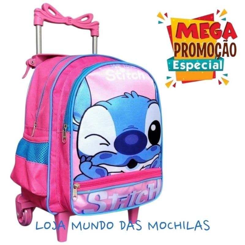 Mochila Creche Pequena Com Rodinha Stitch Cabeção Rosa Menina