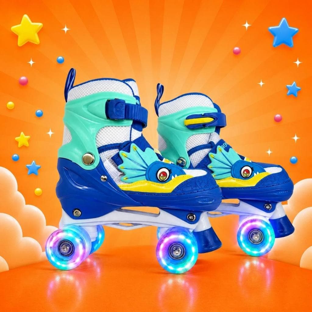 Patins Quad Dinossauro Infantil 4 Rodas Tamanho Regulavel Com Rodinhas de LED + Bolsa