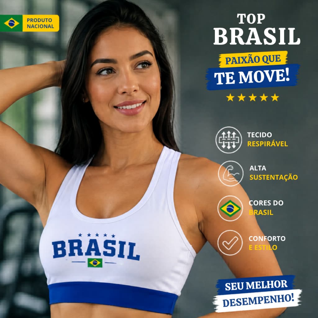 Top Academia Brasil Branco e Azul Feminino Alta Sustentação Fitness