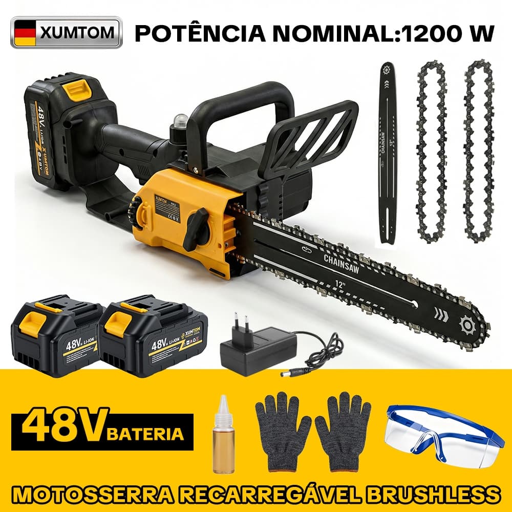 Motosserra Elétrica 12 Profissional Sem Fio Polegadas Potente 1200W Brushless Com 2 Baterias