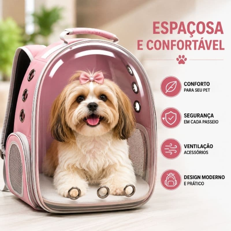 Mochila Astronauta Pet Transporte Seguro para Cães Gatos até 6 kg Ideal para Passeio e Viagem Visão Ampla Entrada de Ar
