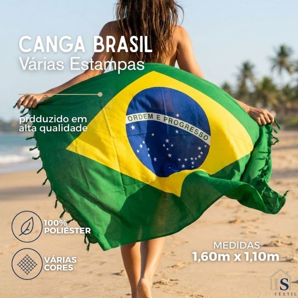 Canga Bandeira do Brasil Saída de Praia 100% Poliéster 1,60m x 1,10m Verde Amarela Copa do Mundo