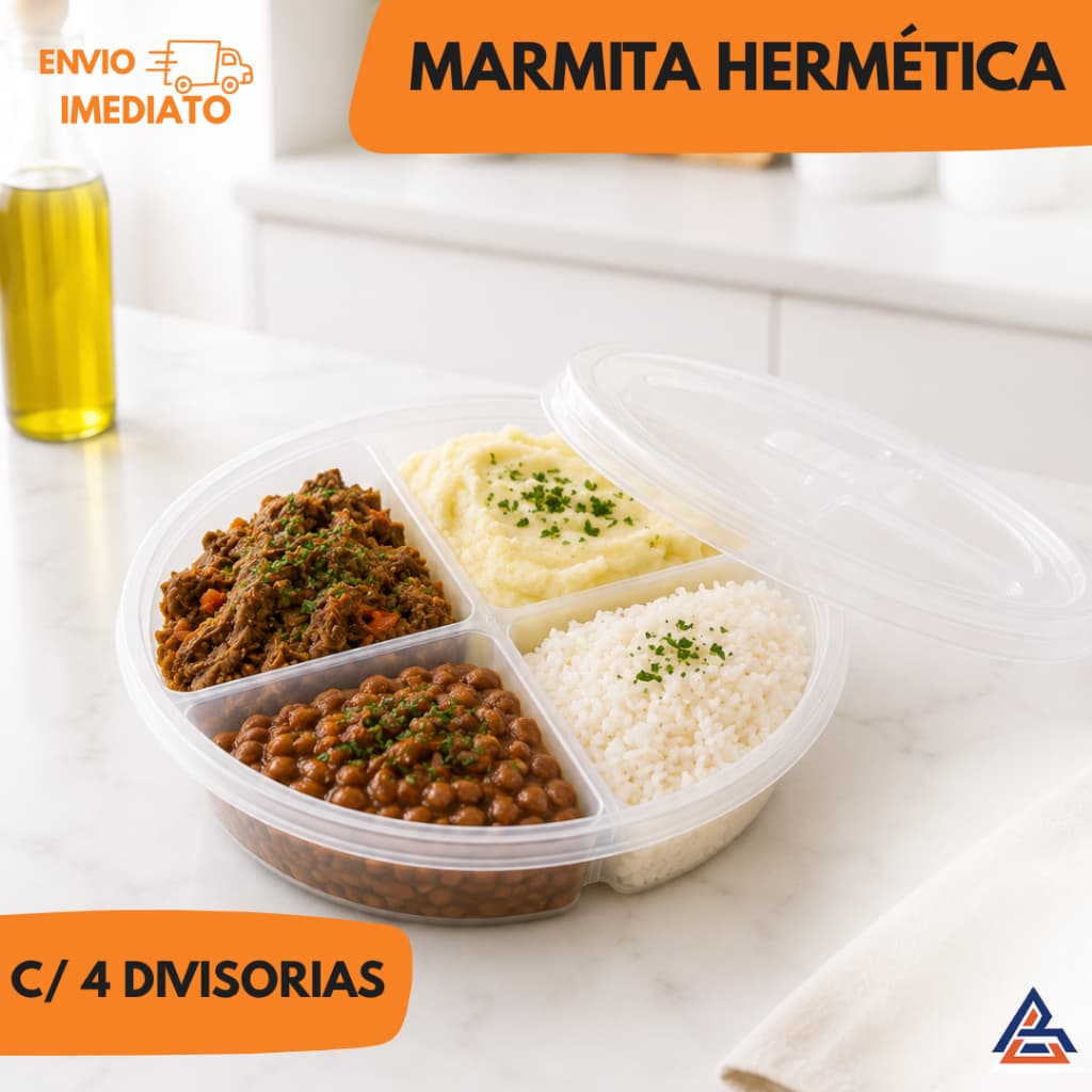 Marmita Hermética 1,1L com 4 Divisórias Transparente 22,5cm x 5cm – Pote Conservador de Alimentos com Tampa Vedação