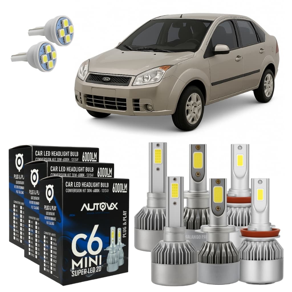 Kit Lâmpadas Super Led Ford Fiesta 2007 A 2011 Farol Alto Baixo Milha + T10 - Lâmpadas de Led