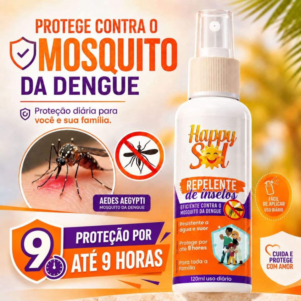 Repelente com Icaridina Spray Mata Mosquitos da Dengue Insetos 9 Horas de Proteção 120ml Happy Sol