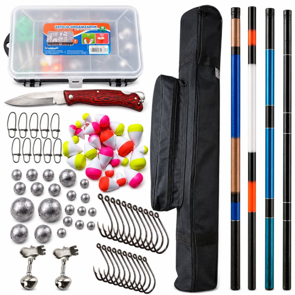 Kit Pesca Completo 4 Varas telescópica Bolsa Porta Varas Estojo Anzol boia chumbada kit pescaria rios lagos pesqueiro
