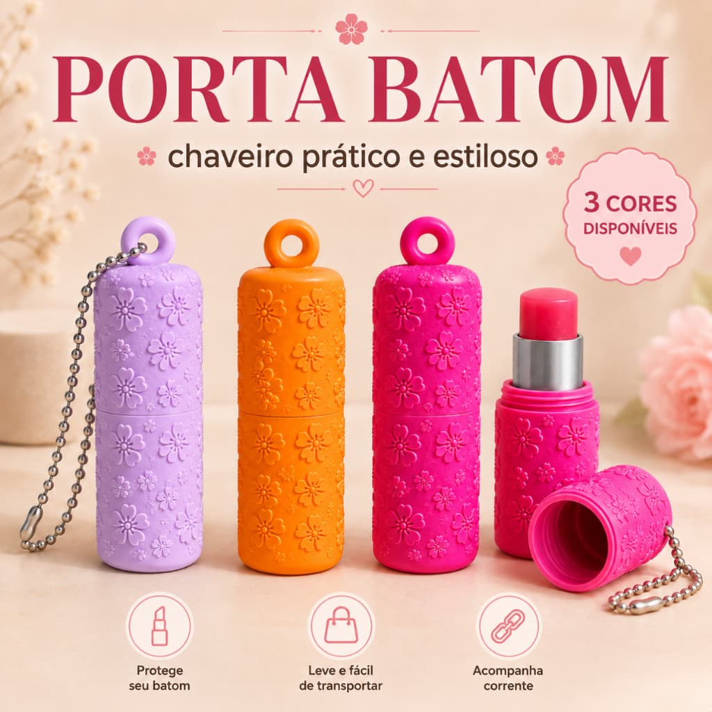 Porta Batom Chaveiro Floral com Corrente Tampa Rosqueável Compacto