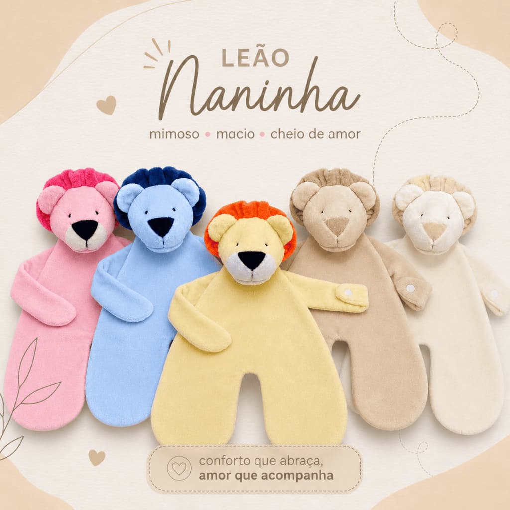 Naninha Para Bebe em Plush - Safári Leão Hipopó Girafa Elefante Bege Rosa Azul Vermelho