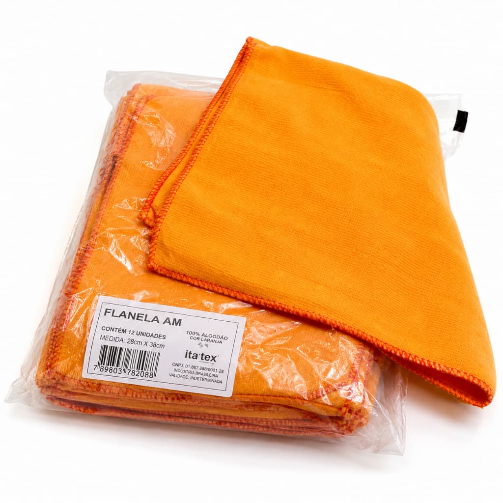 Kit 12 Flanelas de Algodão Laranja 28x38cm Para Limpeza Automotiva Vidros Móveis