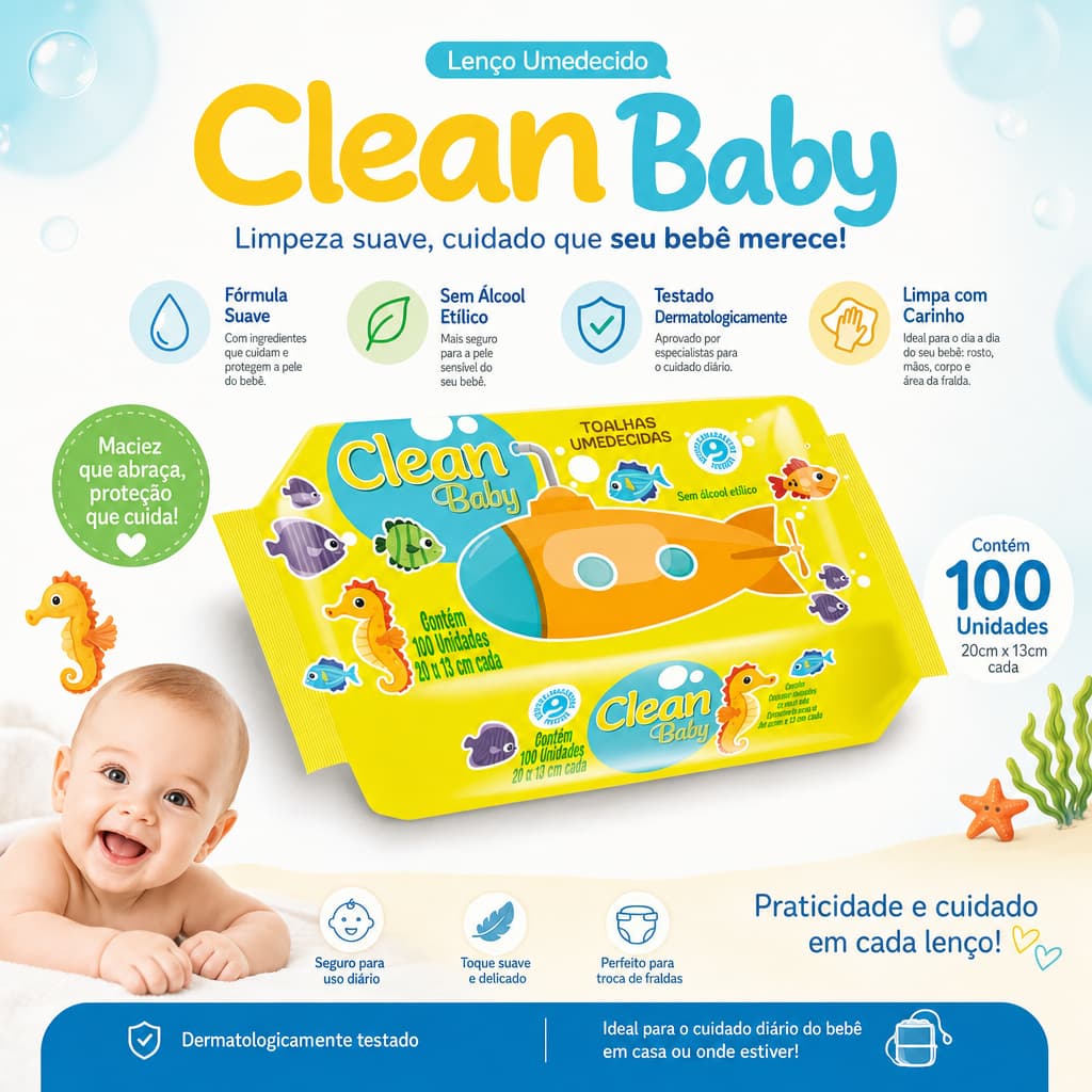 Lenço Umedecido Clean Baby 100 Unidades com Extrato de Camomila Sem Álcool para Bebês e Crianças