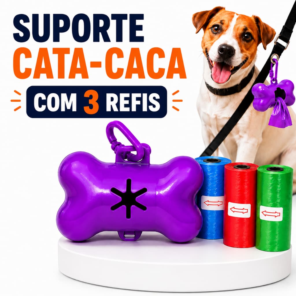 Suporte Cata Caca Pet Ossinho + 3 Refis Porta Saquinho Higiênico Cachorro (45 saquinhos)